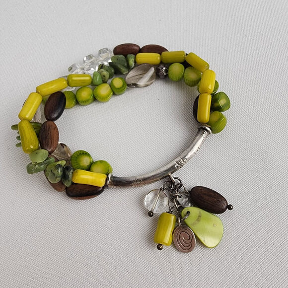 Silpada Green Sterling 925 Silver Coral Wood Leaf Shell Stretch Bracelet - Picture 2 of 6